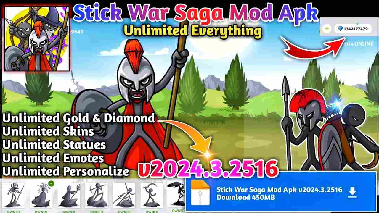 Stick War: Saga MOD APK 2024.3.2914 (Mod Menu, Unlimited Money, Diamonds, Full Costumes)